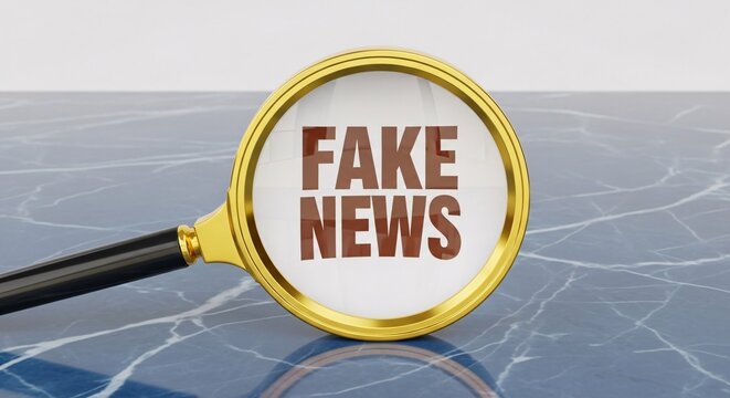 Magnifying glass with the words FAKE NEWS inside it on a cracked icy surface emphasizing misinformation and false reporting in media and journalism concepts