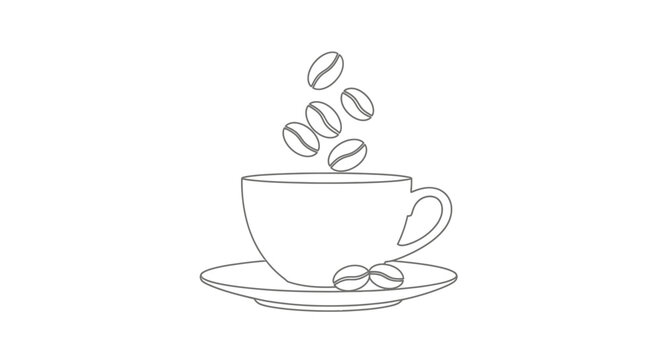 Steaming hot coffee cup with beans.