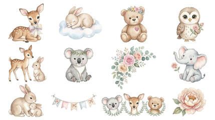Obraz premium Cute watercolor woodland animal clipart collection with soft floral accents, pastel nursery theme. Collection of Vector illustrations for invitation, card, poster, banner, decoration