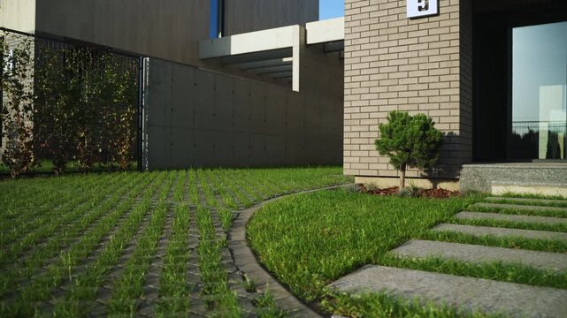 Modern suburban house with landscaped lawn, permeable pavers, stone walkway, and minimalist architecture casting moving shadows on a sunny day in the neighborhood