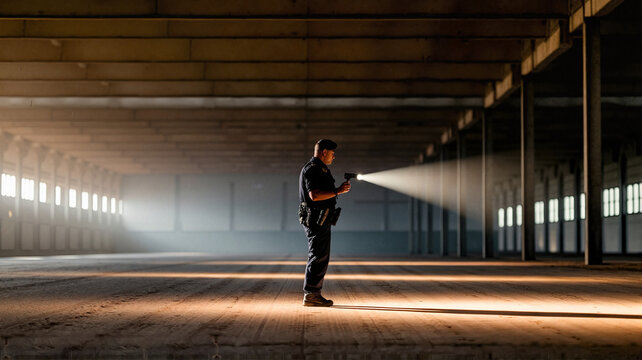 Security guard using flashlight in empty warehouse with sunlight beams  