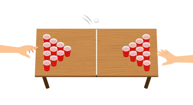 Flip cup game with red plastic cups on wooden table