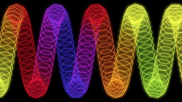 重なり合う六角形の螺旋が描き出す、光と波形が共鳴する刹那のシンフォニー
ループする背景用映像素材