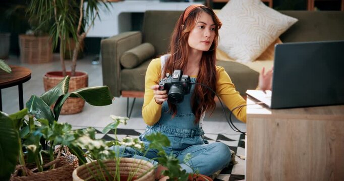 Plant, photography and laptop with woman in home for gardening blog, social media and research. Organic guide, botany tips and leaf picture with person and camera in house as content creator