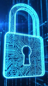 Glowing digital padlock with circuit lines for cybersecurity protection