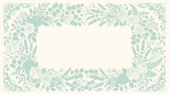 Elegant botanical frame with delicate roses and leaves in mint green on cream, ideal for wedding invitations and vintage designs, adding natural charm to any sophisticated project