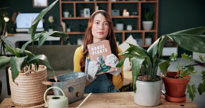Live stream, pot plant and face of woman with book for advice, gardening tips and how to guide. Influencer, content creator and pov portrait of person with manual for hobby, botany and social media