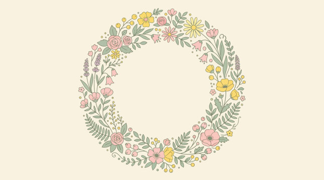 Whimsical floral wreath illustration with delicate flowers and greenery, perfect for spring and summer designs