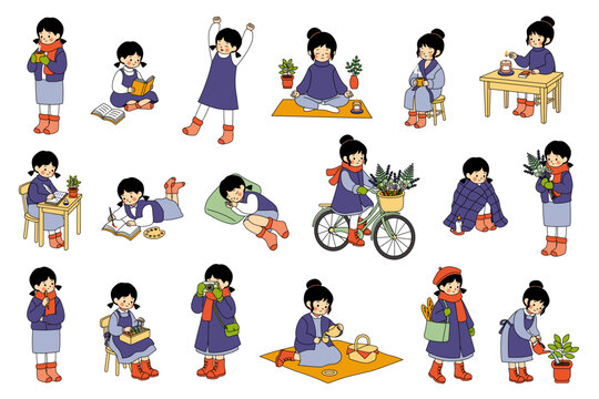 Cute Cozy Girl Winter Daily Activity Collection Hand Drawn Kawaii Cartoon Lifestyle Illustration Set