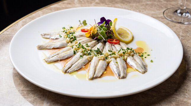 Fresh gourmet seafood appetizer with boquerones, herbs, and lemon on white plate