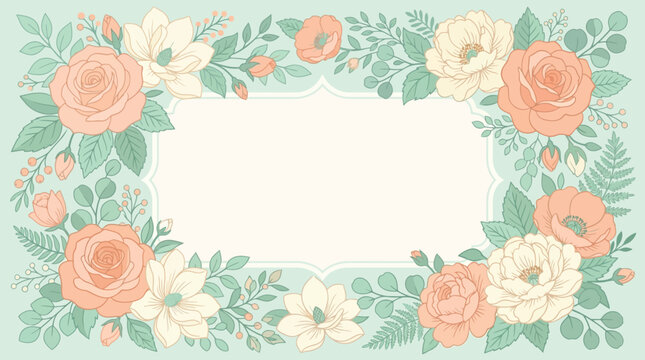 Elegant floral frame with soft peach and cream roses and delicate green foliage, perfect for invitations and announcements
