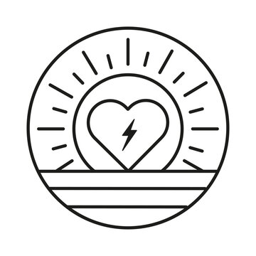 Sunrise heart line icon features solar energy power vector shape. Ecology symbol represents sun morning dawn and complements life.