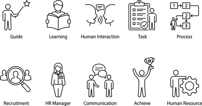 Minimalist human resource and management icons set for guide learning human interaction task and process flow.
