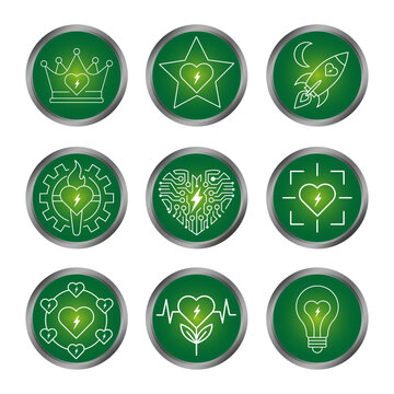 Eco energy icon set features green buttons vector shape. Technology emblems complement sustainability and enhance modern eco life.