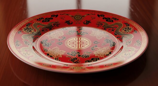 Decorative Ceramic Plate with Dragon Motif and Geometric Center