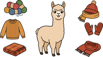Fototapeta premium Alpaca vector cartoon winter wool clothing design isolated