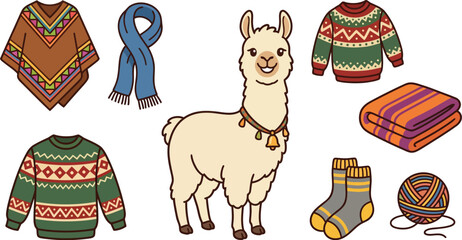 Fototapeta premium Llama vector cartoon winter wool clothing design isolated