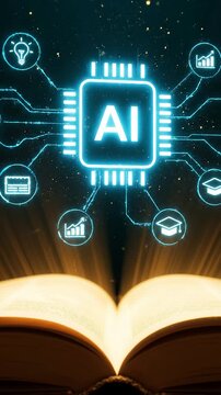 Glowing AI chip above open book