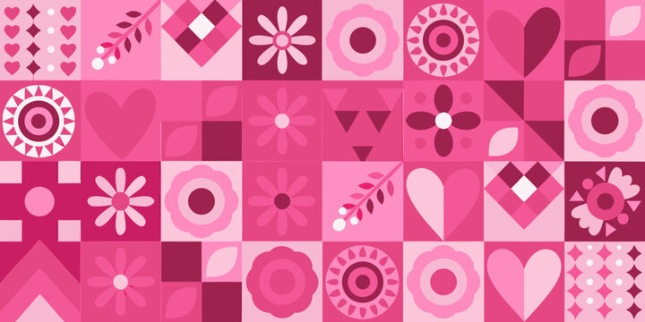 Pink patchwork pattern with floral and geometric shapes