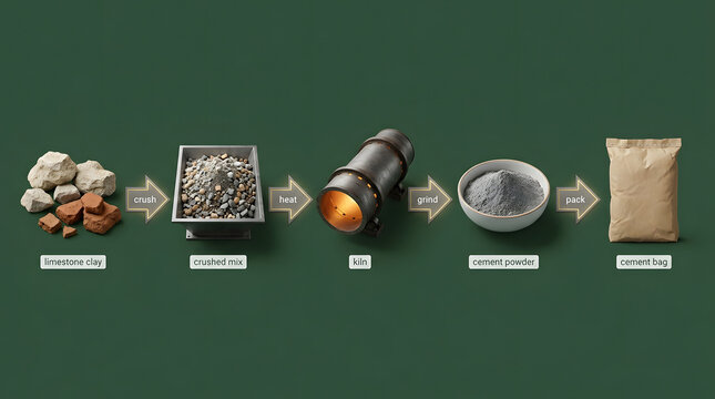 Cement production process from limestone clay to cement bag illustrating the workflow of crushing heating grinding and packaging