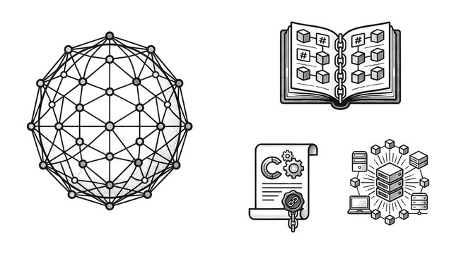 blockchain technology icon set  monochrome black and white design