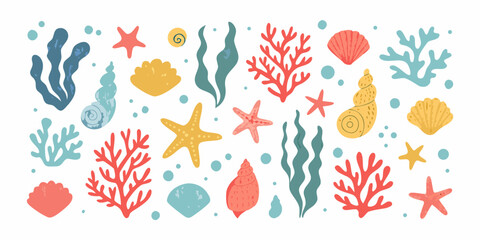 Colorful coral seashells and marine plants vector illustration on white background © Prodip