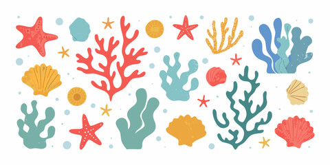 Coral Reef Elements And Marine Life Colorful Vector Illustration © Prodip