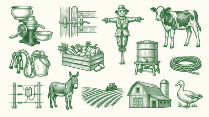 Vintage hand drawn engraving style vector illustration of farm animals and agricultural elements including cow sheep horse tractor and barn house. © bow