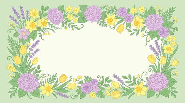 A beautifully illustrated floral frame adorned with vibrant spring blossoms, including tulips, daffodils, lavender, and hydrangeas, perfect for invitations, cards, and decorations