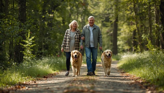There is a man and woman walking down a path with two dogs