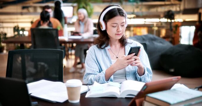 Education, music and phone with woman in library at university for streaming or text message. App, headphones and typing with student on college campus for learning, study schedule or timetable