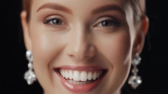 Close-up on a Beautiful Woman with Radiant Smile and Sparkling Diamond Earrings, Full HD Cinematic Beauty Footage