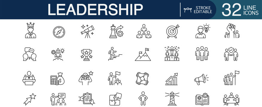 Leadership and corporate management editable stroke line vector icon set featuring business strategy, team direction, and executive power concepts.