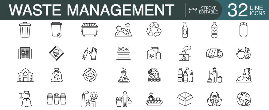 Waste management editable stroke line vector icon set featuring garbage recycling, pollution control, and environmental sanitation concepts.