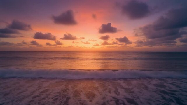 Cinematic Ocean Timelapse at Sunset with a Glowing Horizon, Gentle Waves, and Drifting Clouds, Vibrant Full HD Motion Background