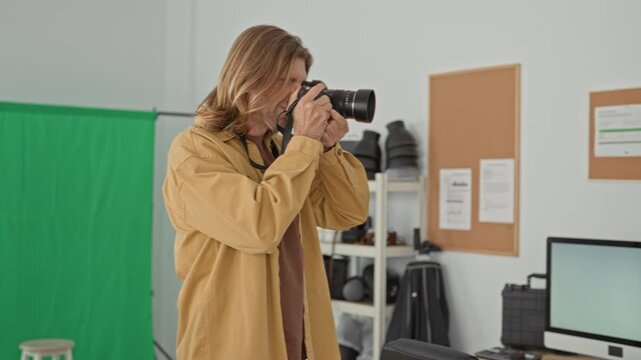 Man holding dslr camera with strap, looking through viewfinder, adjusting settings and checking shots on lcd beside green screen and gear shelves in studio; focused creativity.