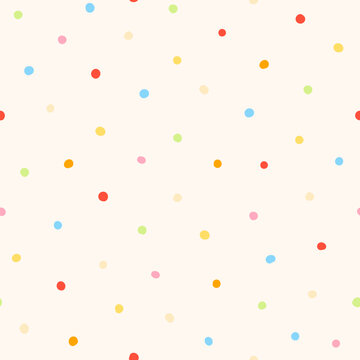 Vector pattern with colorful confetti on beige background. Seamless polka dot texture for birthday wrapping paper or textile