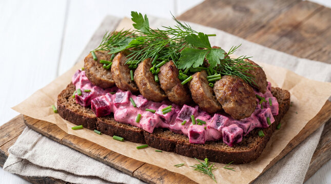 Close-up of Homemade Meatball Sandwich with Pickled Beets and Fresh Parsley on Wooden Board