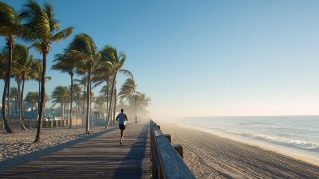 Runner jogging on beach boardwalk