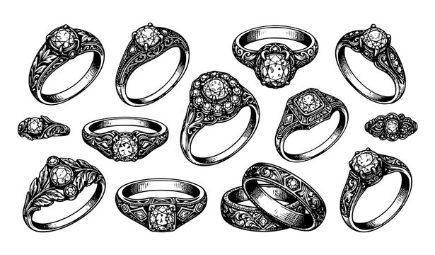 Antique Gold Engagement Rings Vintage Women Jewelry Hand Drawn Sketch Vector Set