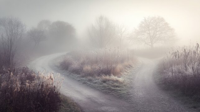 symbolic. Conceptual crossroads splitting into two paths in misty morning light, symbolic and atmospheric. wellbeing guides.