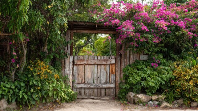 Rustic wooden gate overgrown with flowers