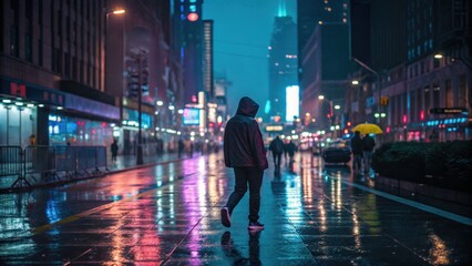 Obraz premium A lone person in a hooded jacket walks on a wet city street at night, surrounded by glowing neon lights and reflections on the pavement.