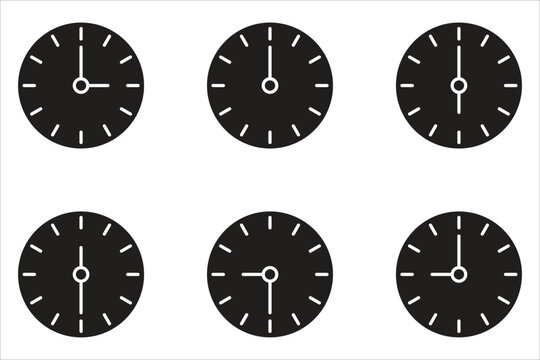 Time icon set. Round clock with various times, simple vector icon. White background.