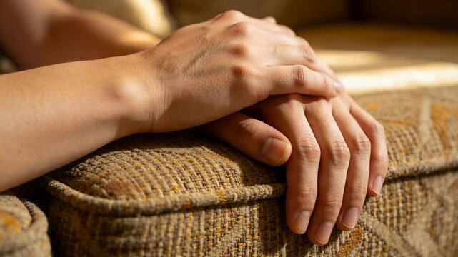 Shifting top hand pressing lower hand on patterned couch arm at home, bare forearms catching sun