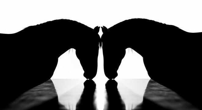 Symmetrical silhouettes of two horses' heads meeting over a reflective surface, high contrast, black and white.