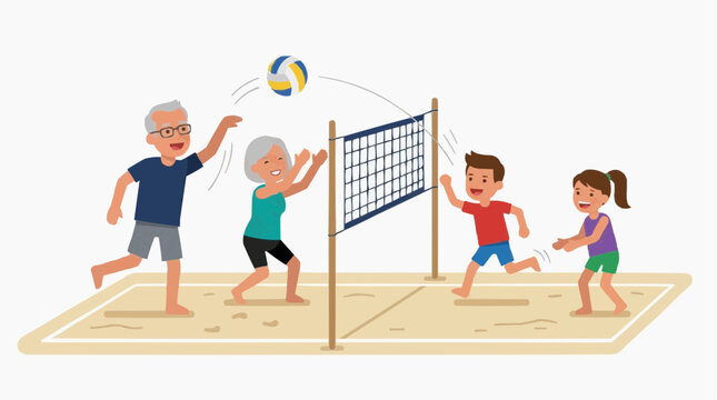 Multi generational family playing beach volleyball together on a sunny day enjoying outdoor recreation and sports activity