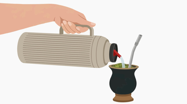 Illustration of a hand holding a thermos and pouring water into a traditional chimarr&atilde;o gourd filled with yerba mate. Gaucho culture and traditions from southern Brazil, isolated on a white background