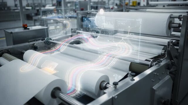 Medium shot of a digital twin interface adjusting toilet tissue production speed highlighting realtime line optimization and waste reduction in a modern converting facility
