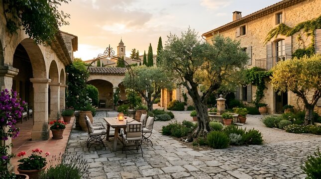 Idyllic French Provence Courtyard Patio with Old Olive Tree Stone Architectural Fountain Dinning Table Setting Under Arched Corridor Romantic Cozy Village House Exterior Garden Decor at Golden Hour

